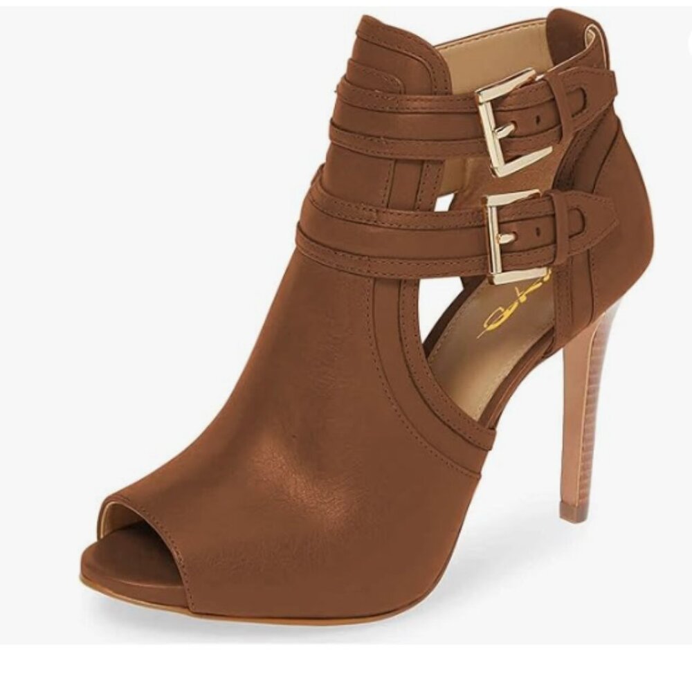 XYD Brown Peep Toe Ankle Bootie High Heels Buckled Double Straps Cutout Shoes